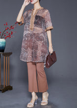 Load image into Gallery viewer, Style Khaki V Neck Print Rivet Chiffon Two Pieces Set Summer