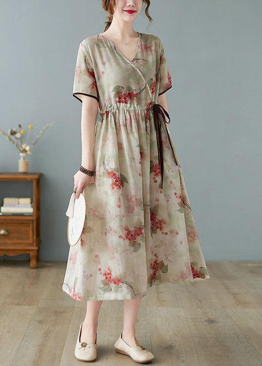 Style Khaki V Neck Print Summer Tie Waist Holiday Dress Short Sleeve