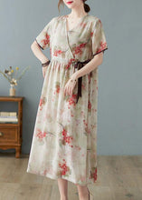 Load image into Gallery viewer, Style Khaki V Neck Print Summer Tie Waist Holiday Dress Short Sleeve