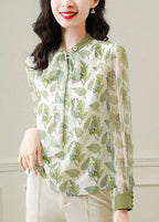 Style Light Green Bow Cinched Print Chiffon Tops Spring