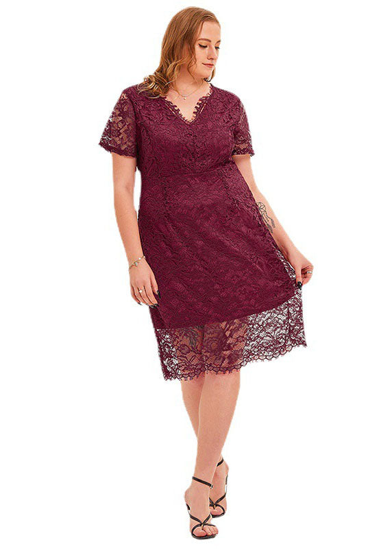 Style Mulberry V Neck Patchwork Lace Mid Dress Summer