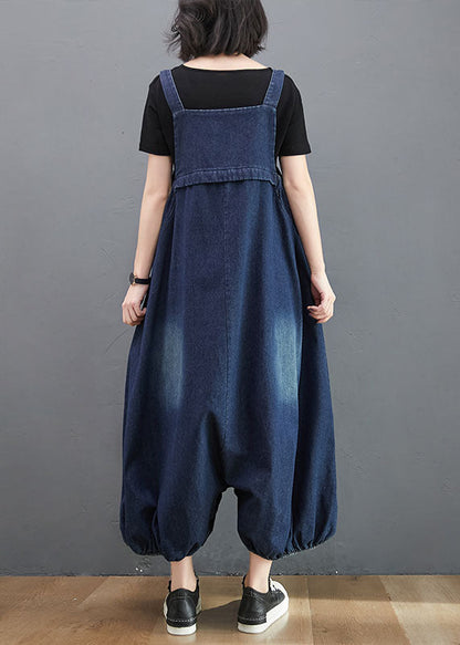 Style Navy Pockets Patchwork Denim Lantern Jumpsuit Summer