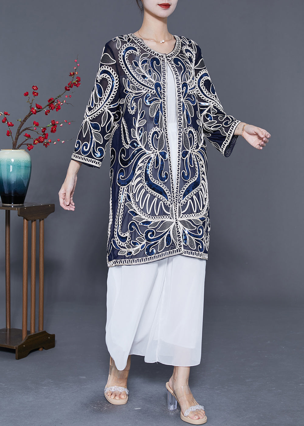 Style Navy Sequins Embroideried Tulle Cardigans Summer