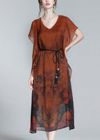 Style Orange O-Neck Print Tie Waist Silk Holiday Long Dress Short Sleeve