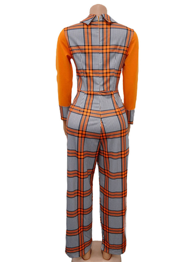 Style Peter Pan Collar Plaid Patchwork Straight Jumpsuit Fall