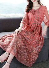 Load image into Gallery viewer, Style Pink O-Neck Cinched Embroideried Silk Maxi Dress Bracelet Sleeve