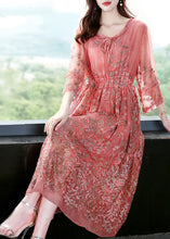 Load image into Gallery viewer, Style Pink O-Neck Cinched Embroideried Silk Maxi Dress Bracelet Sleeve