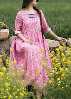 Style Pink Print Dresses O Neck Chinese Button Traveling Spring Dresses