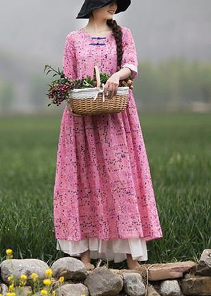 Style Pink Print Dresses O Neck Chinese Button Traveling Spring Dresses