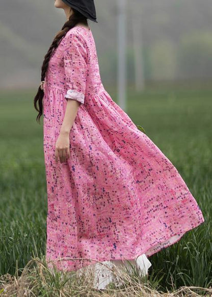 Style Pink Print Dresses O Neck Chinese Button Traveling Spring Dresses