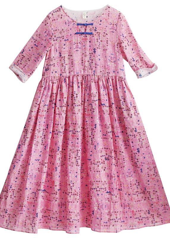 Style Pink Print Dresses O Neck Chinese Button Traveling Spring Dresses