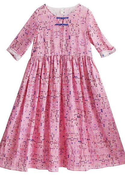 Style Pink Print Dresses O Neck Chinese Button Traveling Spring Dresses