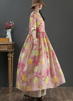 Style Pink Print Pockets Summer Linen Dress