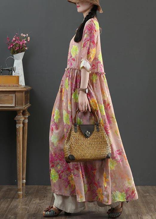 Style Pink Print Pockets Summer Linen Dress