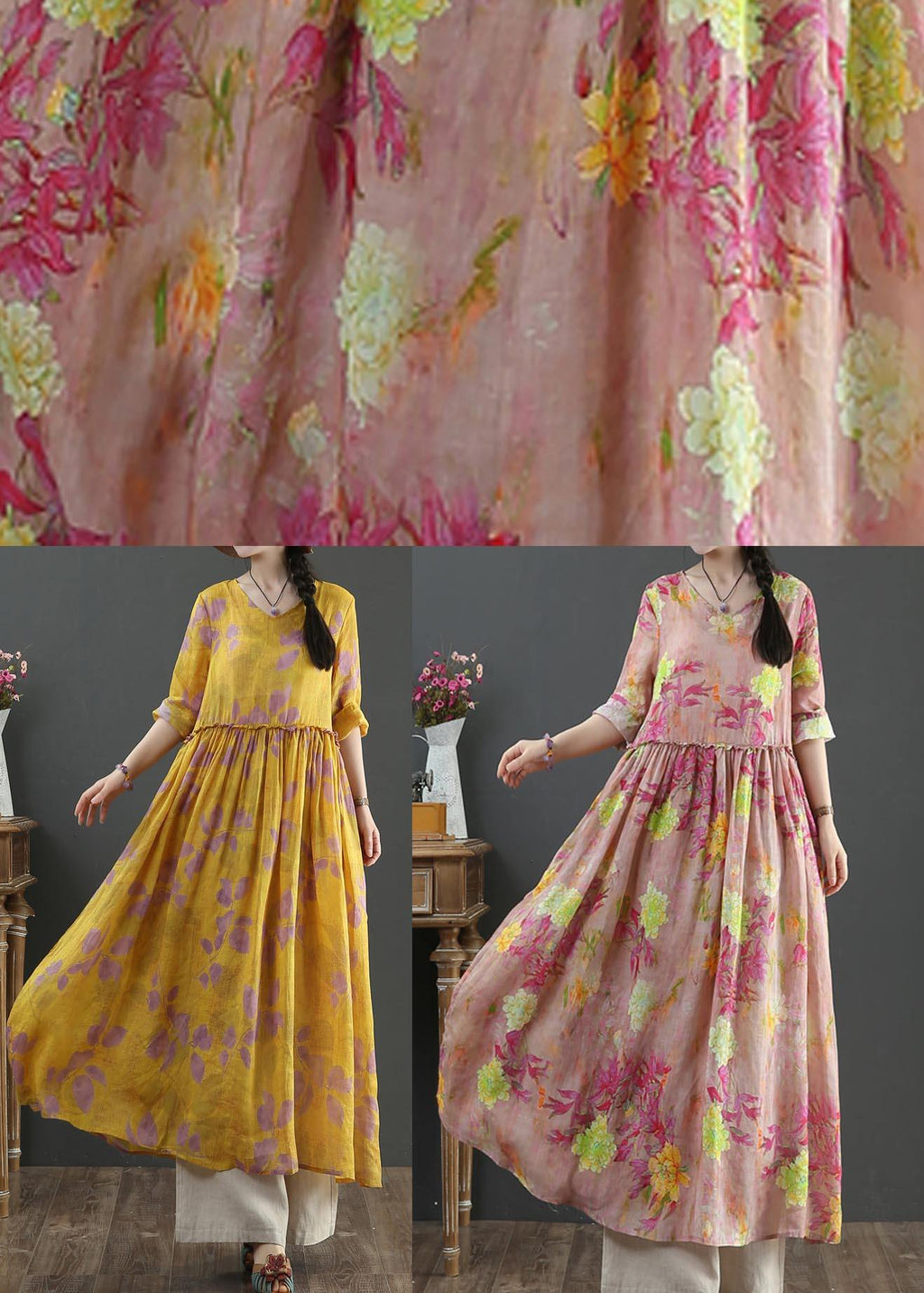 Style Pink Print Pockets Summer Linen Dress