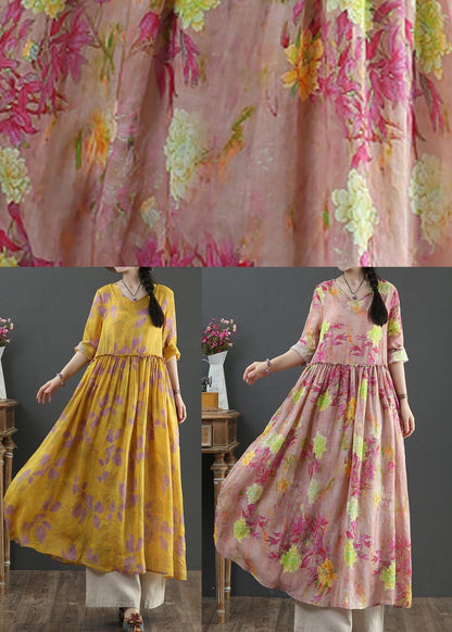 Style Pink Print Pockets Summer Linen Dress