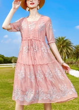 Load image into Gallery viewer, Style Pink Ruffled Embroideried Tie Waist Silk Dress Short Sleeve
