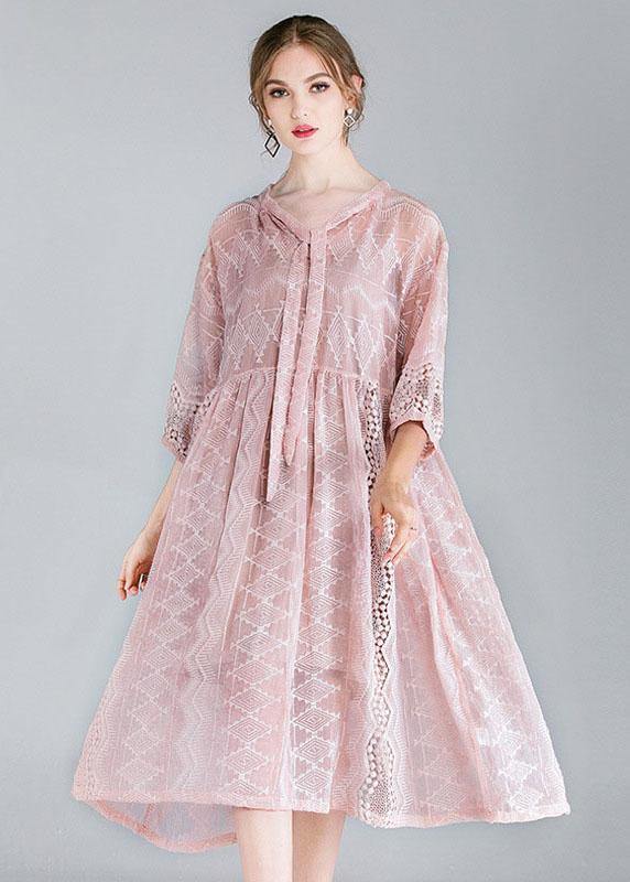 Style Pink Tie Hollow Out Spring Half Sleeve Two Piece Set Women Clothing