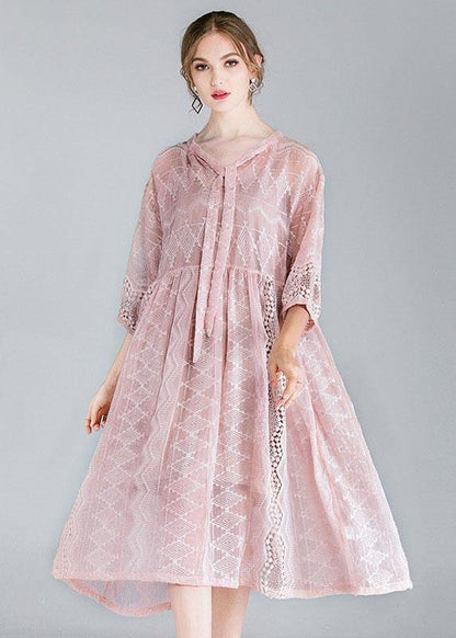 Style Pink Tie Hollow Out Spring Half Sleeve Two Piece Set Women Clothing