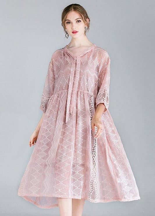 Style Pink Tie Hollow Out Spring Half Sleeve Two Piece Set Women Clothing