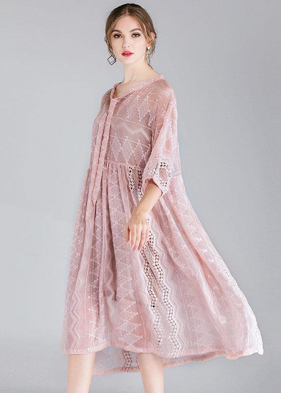 Style Pink Tie Hollow Out Spring Half Sleeve Two Piece Set Women Clothing