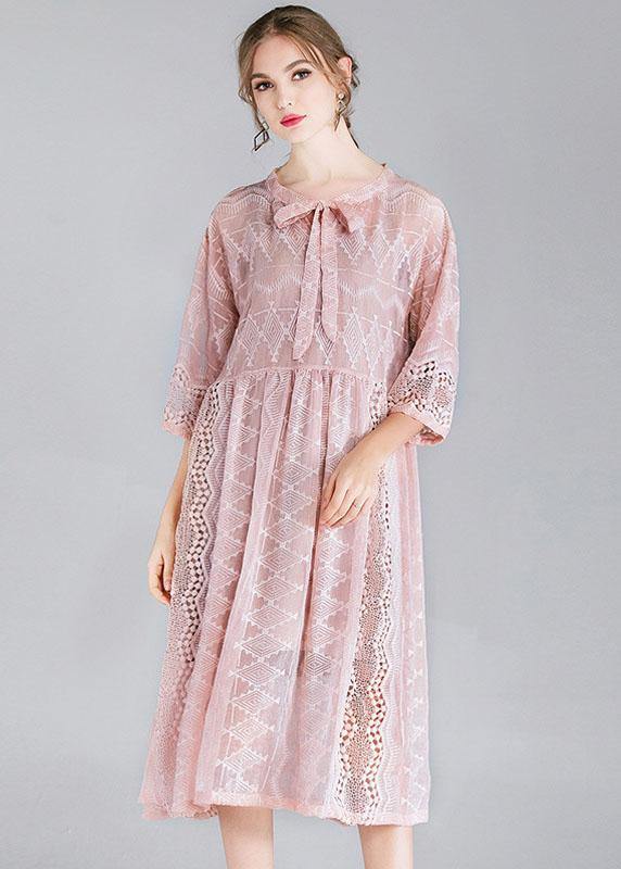 Style Pink Tie Hollow Out Spring Half Sleeve Two Piece Set Women Clothing