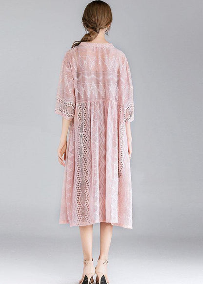 Style Pink Tie Hollow Out Spring Half Sleeve Two Piece Set Women Clothing