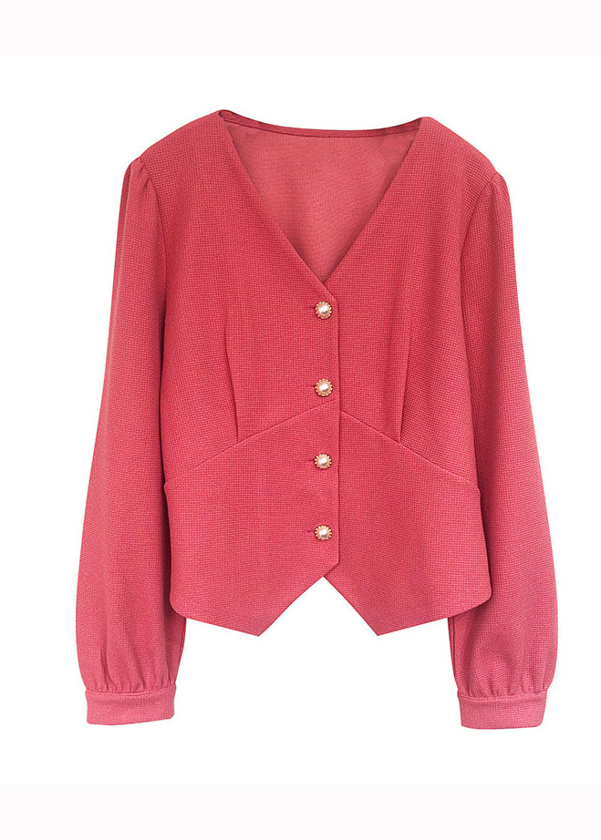 Style Plus Size Pink V Neck Button Patchwork Cotton Coat Fall