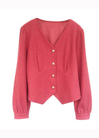 Style Plus Size Pink V Neck Button Patchwork Cotton Coat Fall