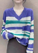 Load image into Gallery viewer, Style Purple V Neck Oversized Striped Knit Top Winter