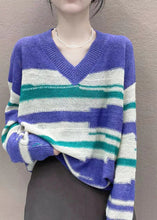 Load image into Gallery viewer, Style Purple V Neck Oversized Striped Knit Top Winter