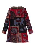 Style Red Hooded Print Pockets Patchwork Warm Fleece Coat Fall