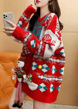 Load image into Gallery viewer, Style Red O-Neck Oversized Christmas Print Knit Long Sweater Winter