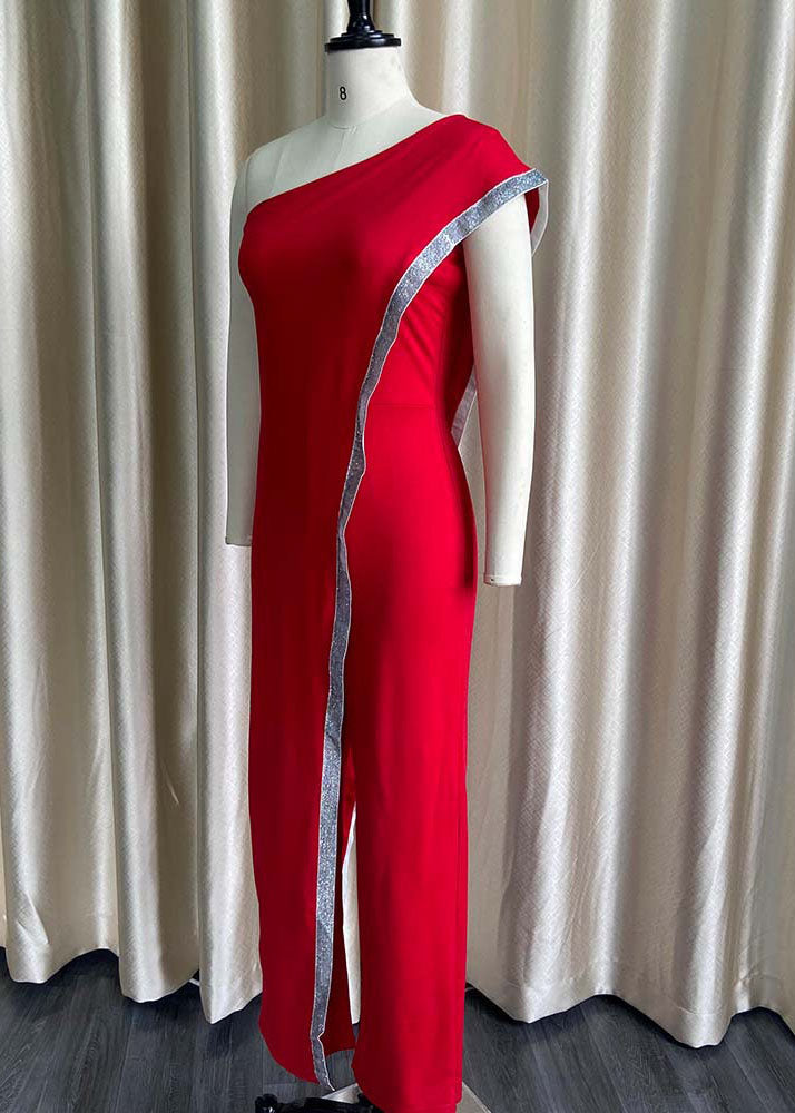 Style Red One Shoulder Asymmetrical Patchwork Sequins Jumpsuit Summer