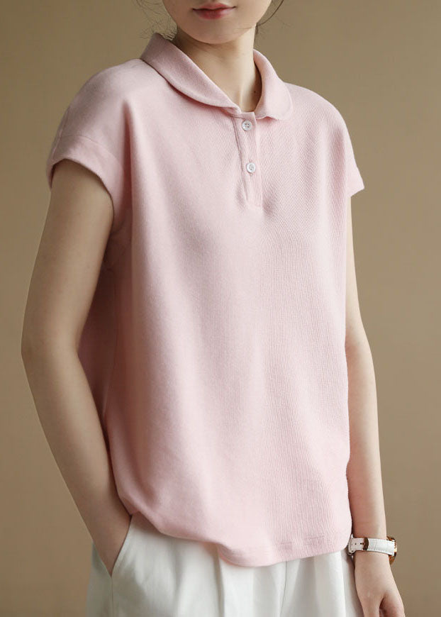 Style Solid Pink Peter Pan Collar Button Cotton Tank Short Sleeve