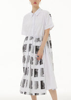 Style White Peter Pan Collar Geometric Patchwork Cotton Dress Summer