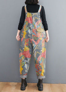 Style Yellow Print Patch Denim Spaghetti Strap Jumpsuit Spring