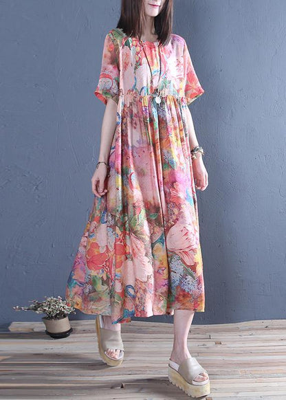 Style o neck Cinched cotton tunic dress Fashion pink print Maxi Dress