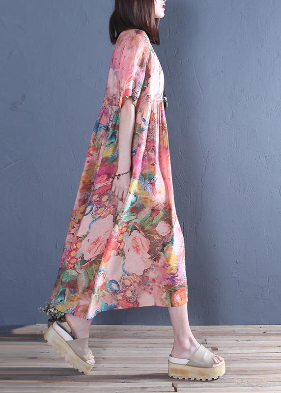 Style o neck Cinched cotton tunic dress Fashion pink print Maxi Dress