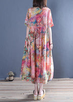 Style o neck Cinched cotton tunic dress Fashion pink print Maxi Dress