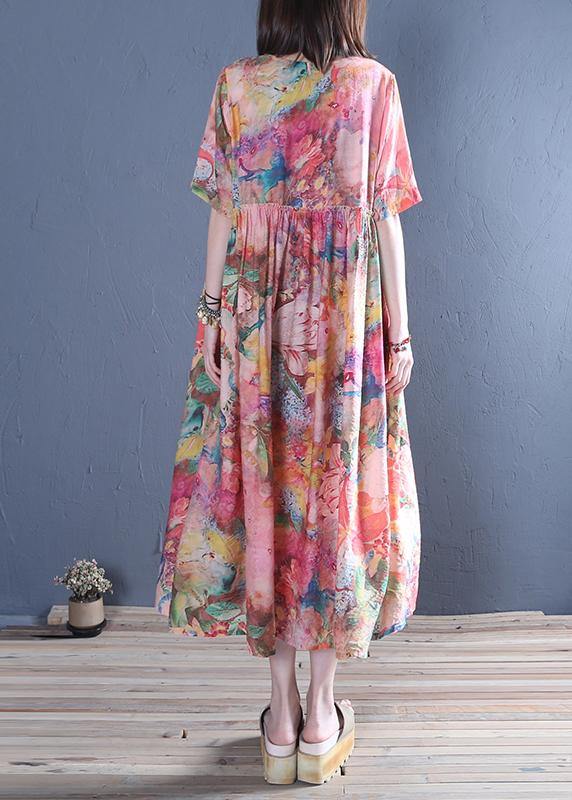Style o neck Cinched cotton tunic dress Fashion pink print Maxi Dress