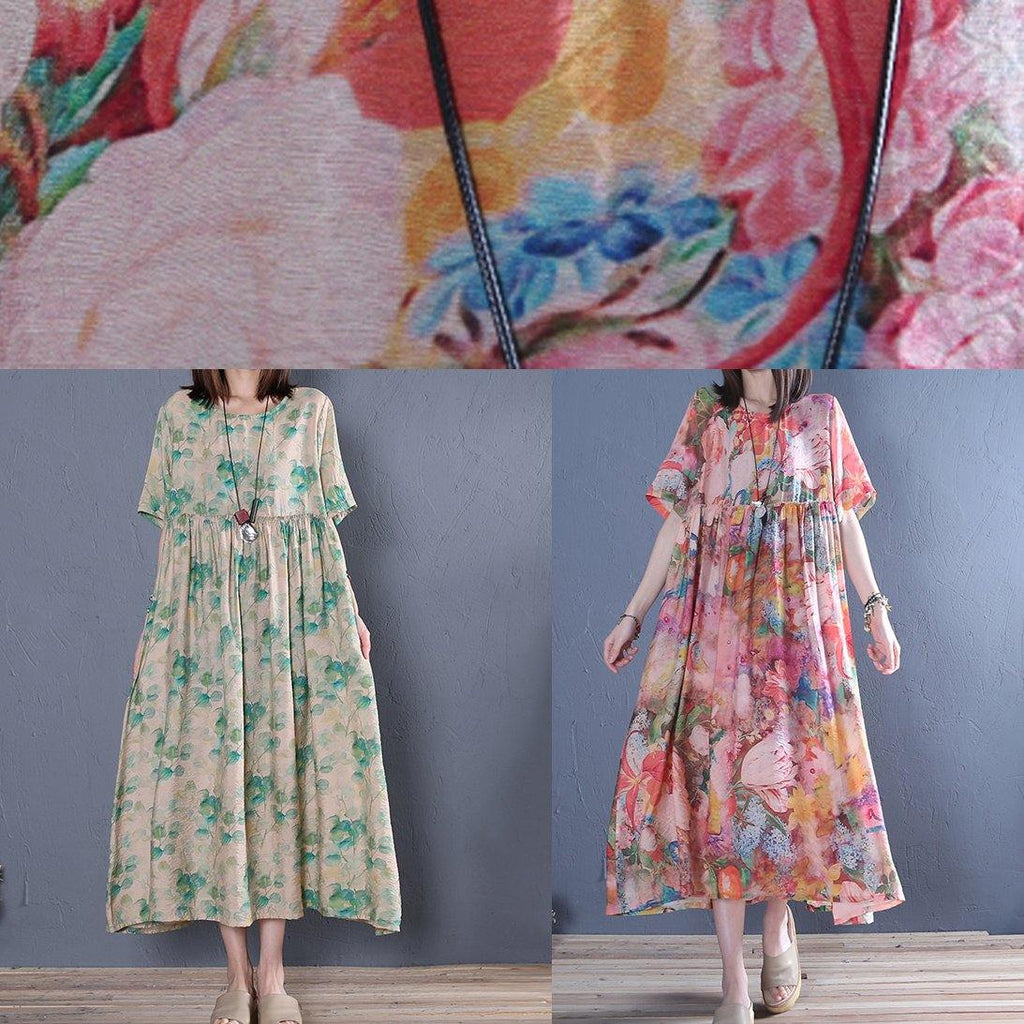 Style o neck Cinched cotton tunic dress Fashion pink print Maxi Dress