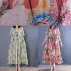 Style o neck Cinched cotton tunic dress Fashion pink print Maxi Dress