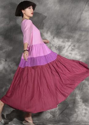 Style patchwork linen clothes For Women linen pink Dresses summer
