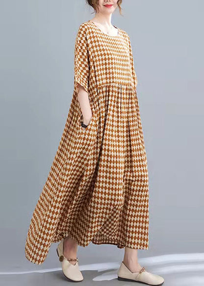 Style O Neck Half Sleeve Cotton Linen Dresses Khaki Print Long Dresses Summer