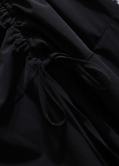 Stylish Black Cinched Elastic Waist Patchwork Cotton Skirt Fall