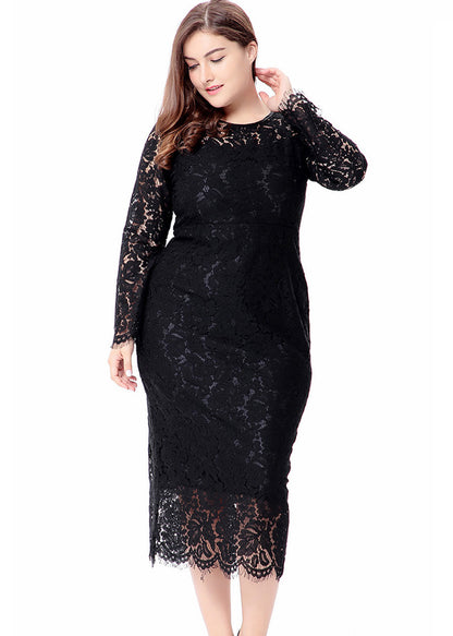 Stylish Black O-Neck Holiday Lace Long Dress Long Sleeve