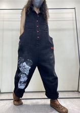 Load image into Gallery viewer, Stylish Black Peter Pan Collar Print Button Denim Jumpsuits Spring