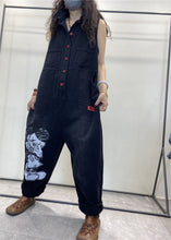 Load image into Gallery viewer, Stylish Black Peter Pan Collar Print Button Denim Jumpsuits Spring