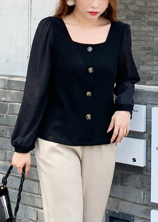 Stylish Black Square Collar Patchwork Knitting Cotton Top Fall